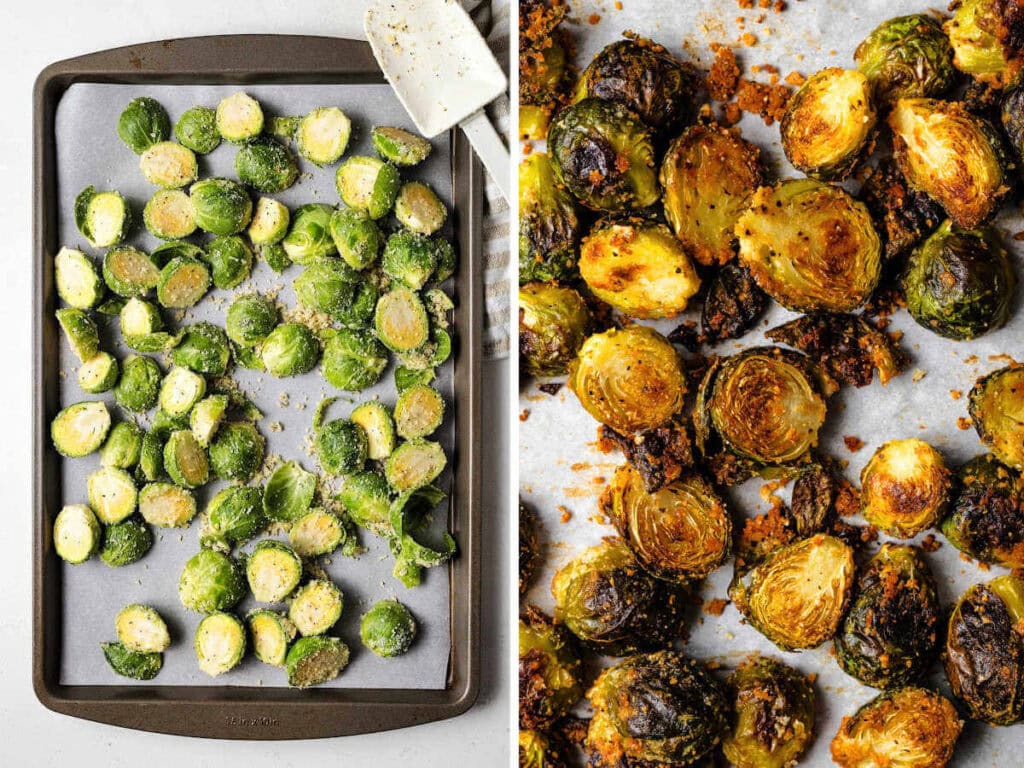 Brussels sprouts spread on a parchment-lined baking sheet ready for the oven.