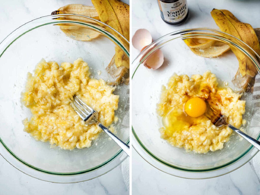 Mashing bananas with a fork in a glass bowl; adding egg and vanilla to mashed bananas in a bowl.