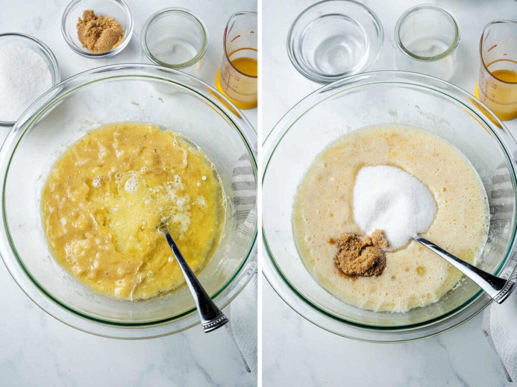 Stirring in oil and milk, and sugars, to make batter for banana muffins in a glass bowl.