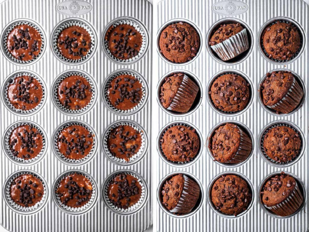 Chocolate banana muffin batter in a muffin tin ready for the oven, then baked muffins in a muffin tin on a table.