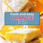 Orange bars stacked on top of each other on a plate with orange slices and powdered sugar dusted on top.