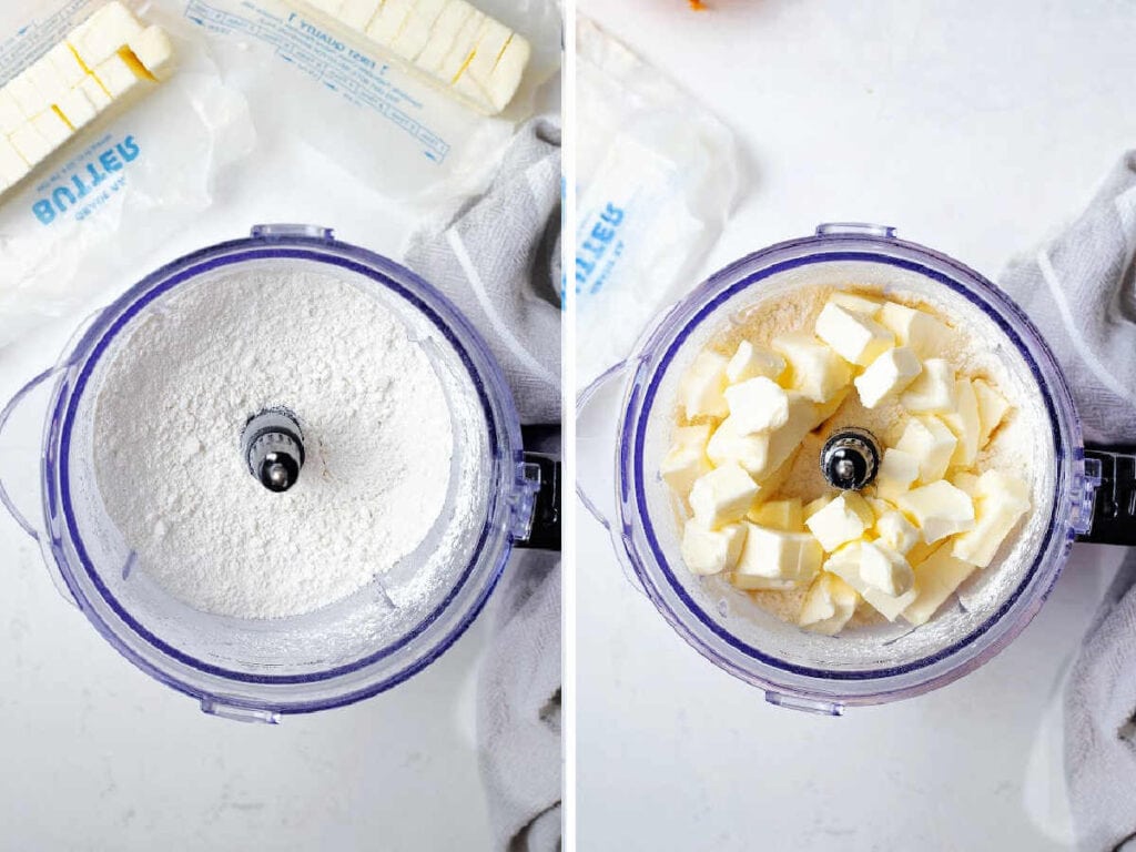 Flour, powdered sugar, amd cubes of butter in the bowl of a food processor to make crust for Orange Bars.