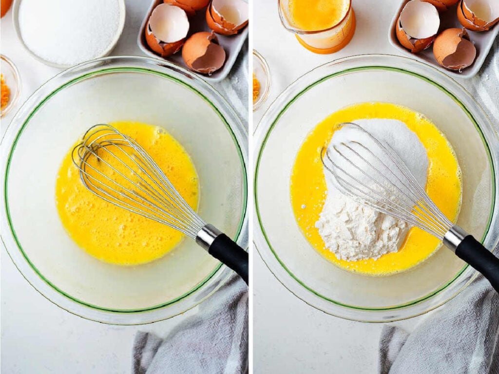 Eggs broken into a glass bowl with a whisk; whisking eggs, sugar, and flour together for orange bars.