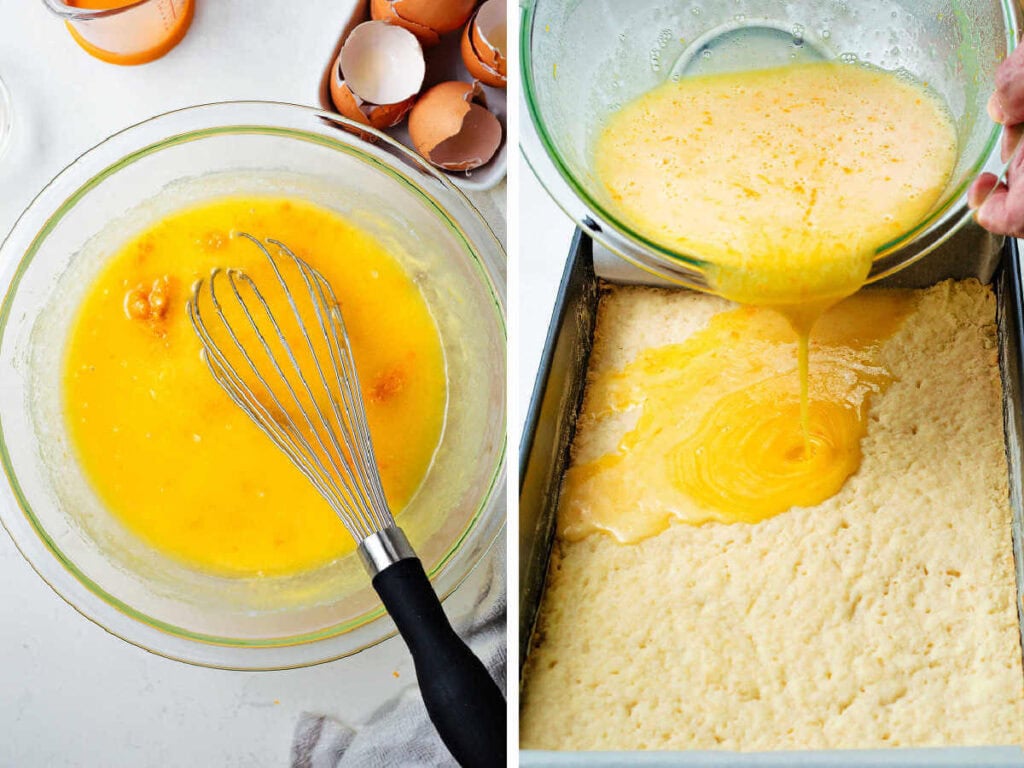 Orange bars filling being poured from a bowl onto a baked crust in a baking pan.