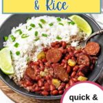 Instant Pot Red Beans and Rice on a plate with lime wedges on a table.