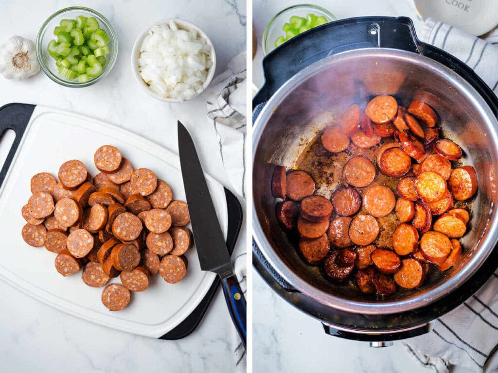 Andouille sausage sliced on a cutting board; cooking sausage in olive oil in an instant pot.