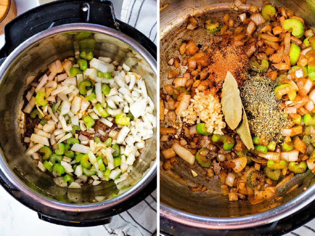 Onions and celery cooking in an instant pot; bay leaves and spices sprinkled on top of sauteed vegetables in an instant pot for Red Beans and Rice.