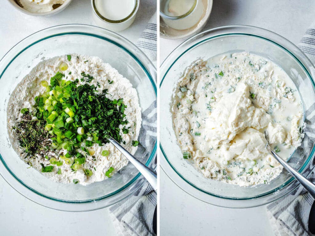 Adding fresh herbs, ricotta cheese, and milk to a bowl with flour and butter for scones.