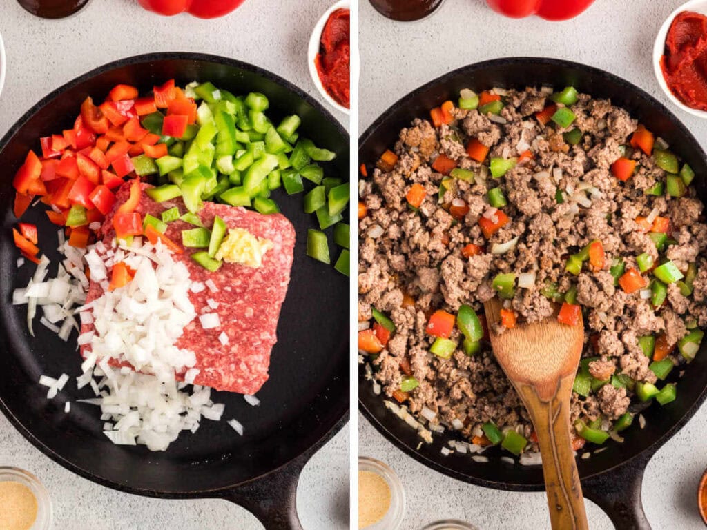 Diced onion and bell peppers in a cast iron skillet with ground beef.