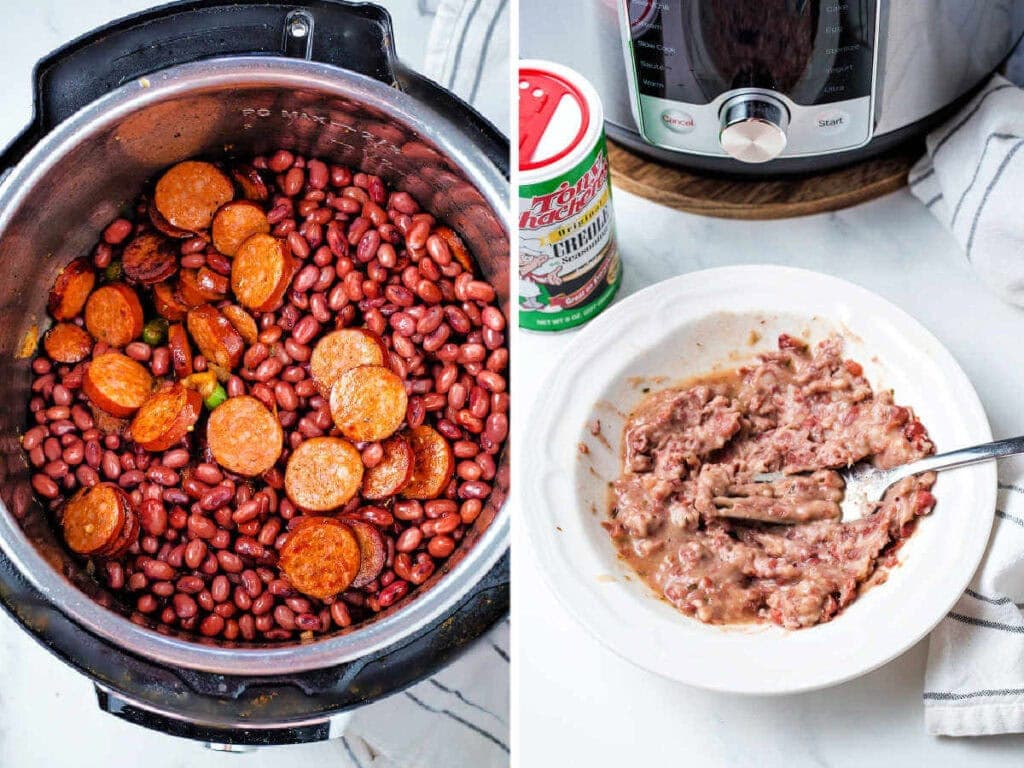 Soaked red beans and andouille sausage added back to the instant pot; mashing cooked red beans with a fork in a small bowl to help thicken red beans and rice.