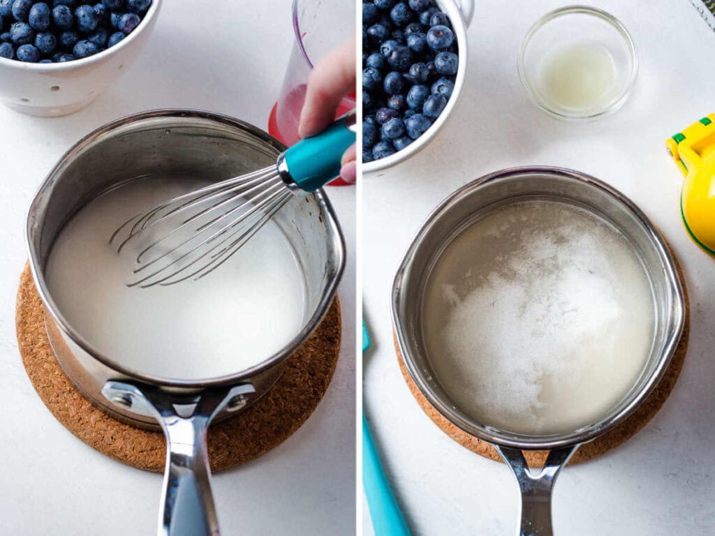 Combining water and sugar in a saucepan to make syrup.