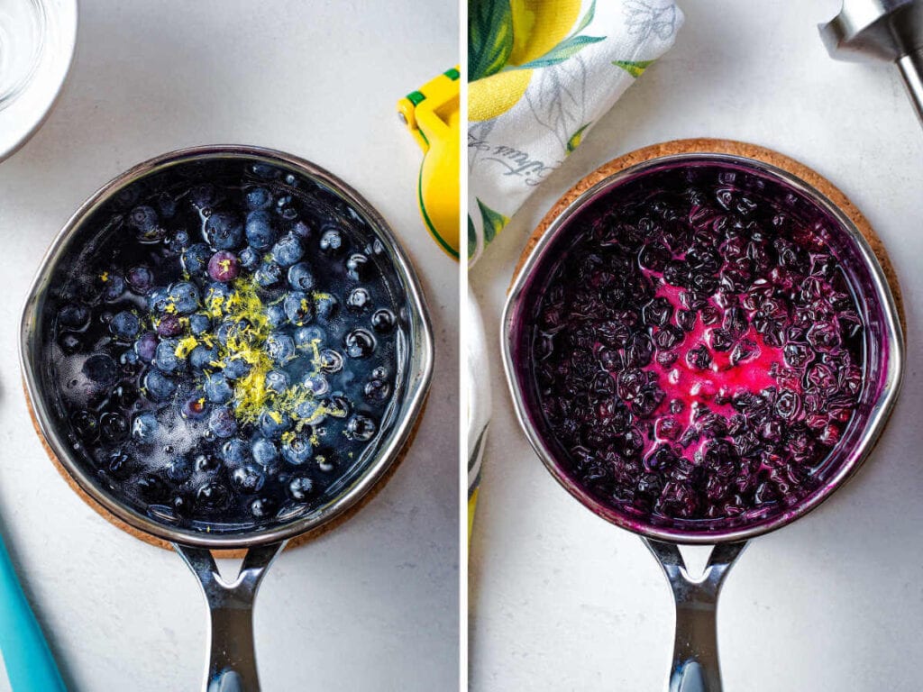 Adding blueberries and lemon zest and juice to simple syrup in a saucepan.