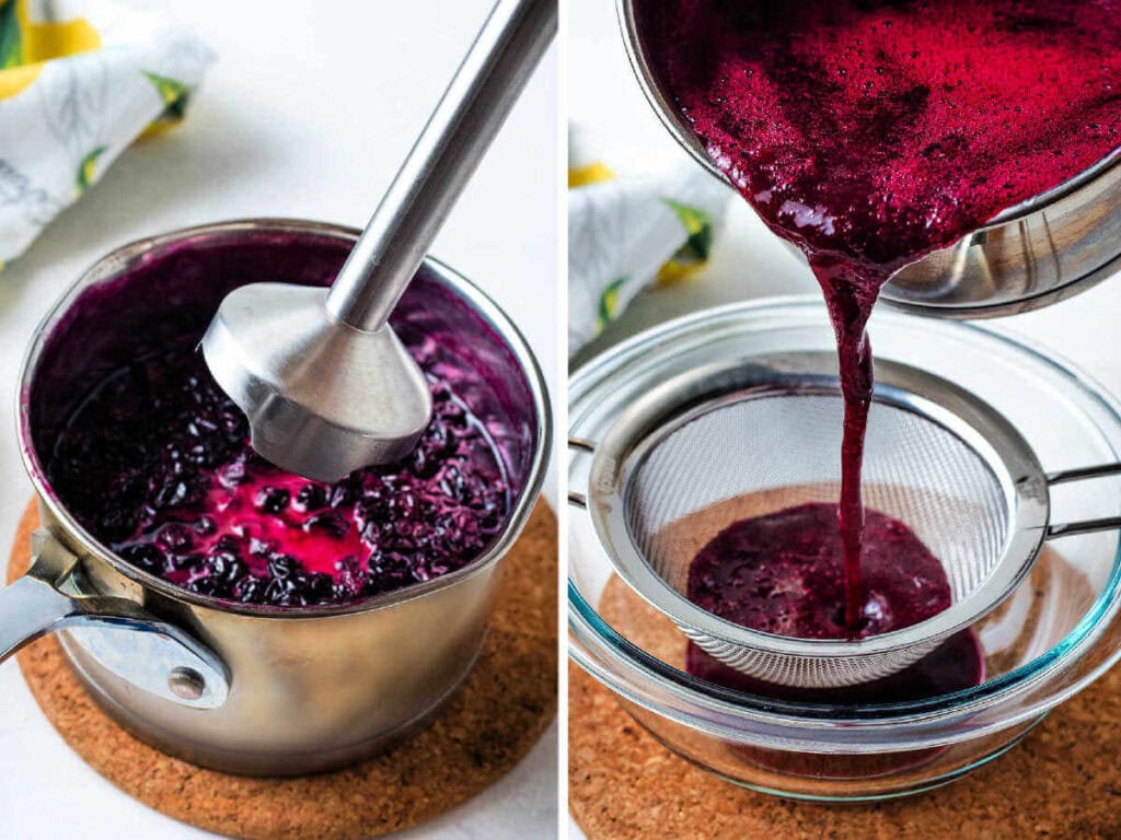 Blending blueberry syrup with an immersion blender; pouring blueberry syrup through a fine mesh strainer into a bowl.