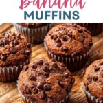 Chocolate Banana Muffins on a wooden board.