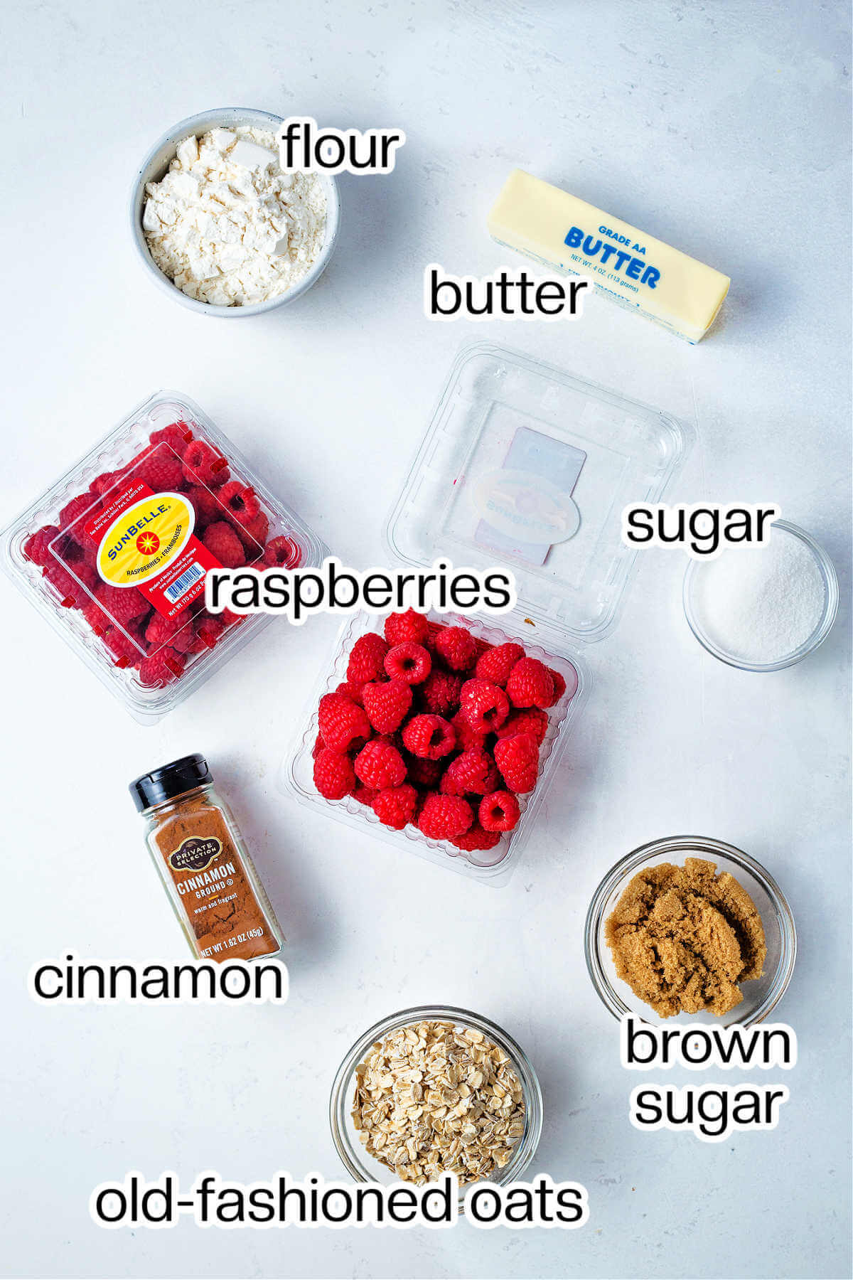 Ingredients for raspberry bars on a table.