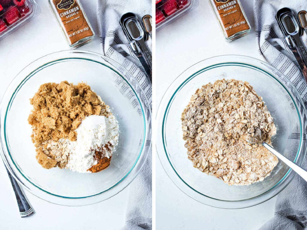 Cry ingredients for oat crumble in a bowl.