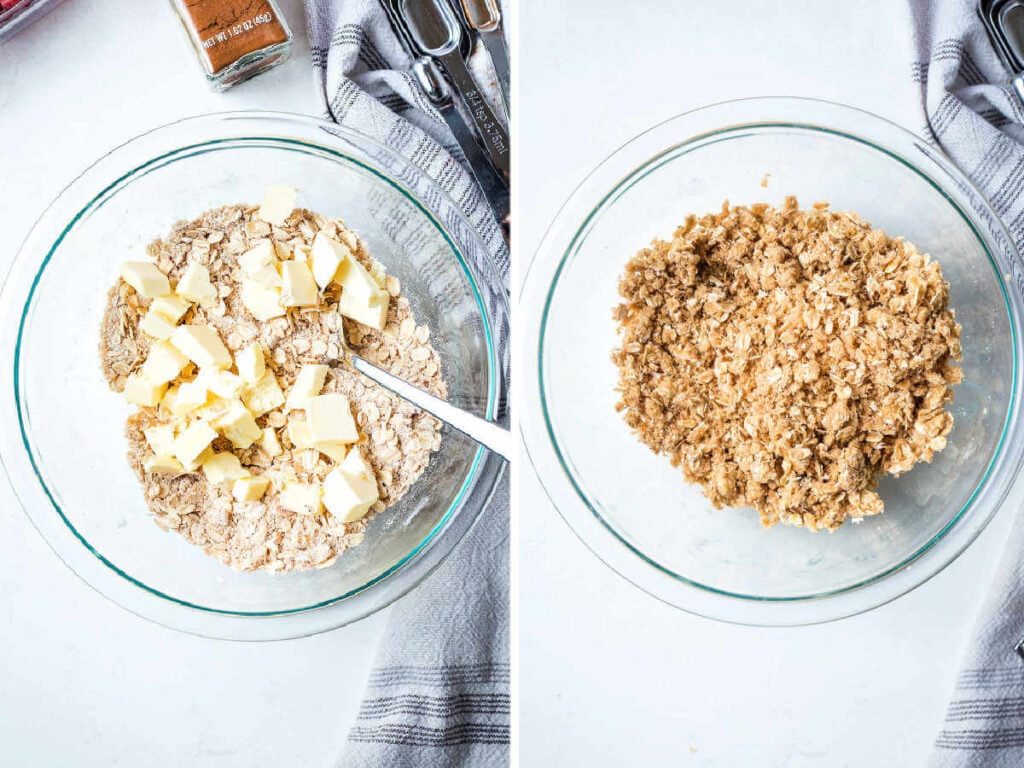 Cubed butter being mixed into an oat crumble for raspberry bars in a bowl.