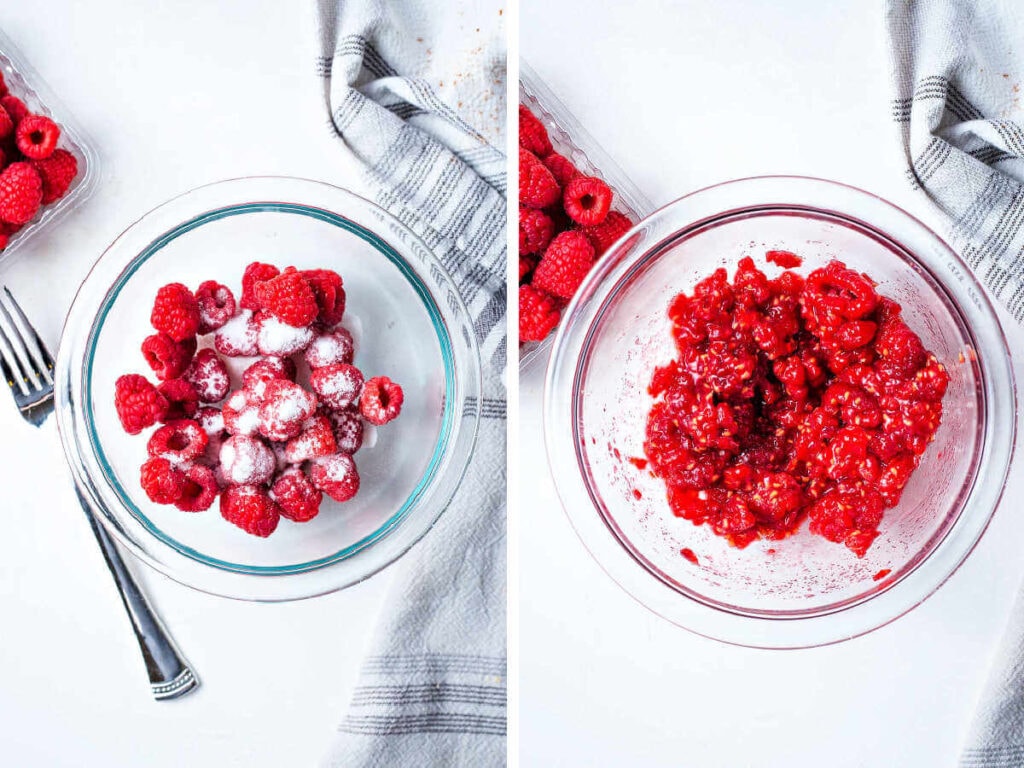 Mixing raspberries and sugar togethr with a fork in a bowl.