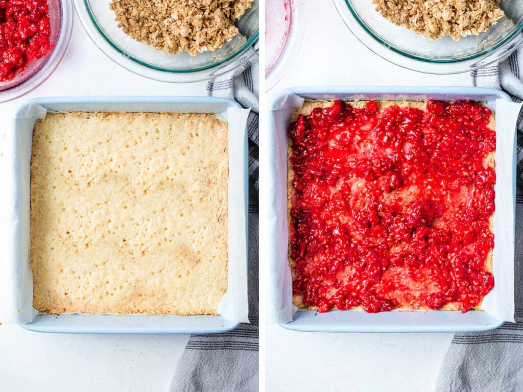 Spreading raspberry mixture over a warm baked crust in a pan.