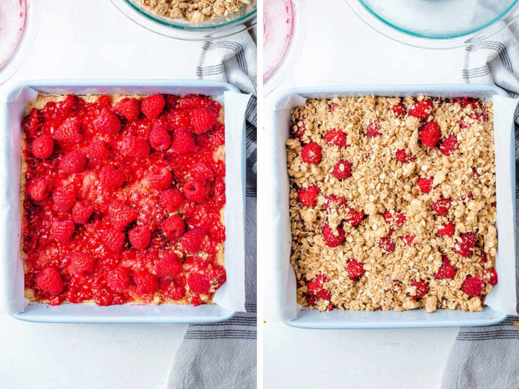 Raspberry bars with a crumb mixture on top ready for the oven.