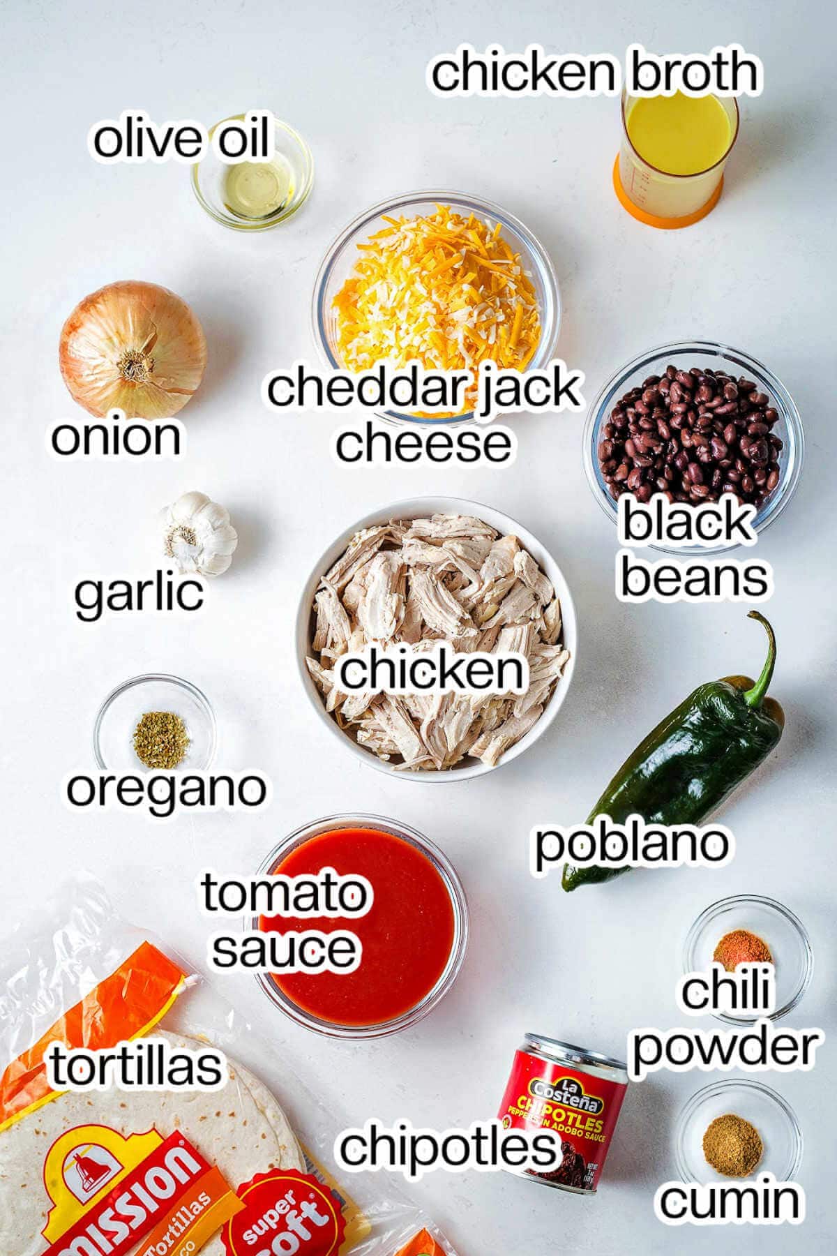 Ingredients needed to make chicken and black bean enchiladas.