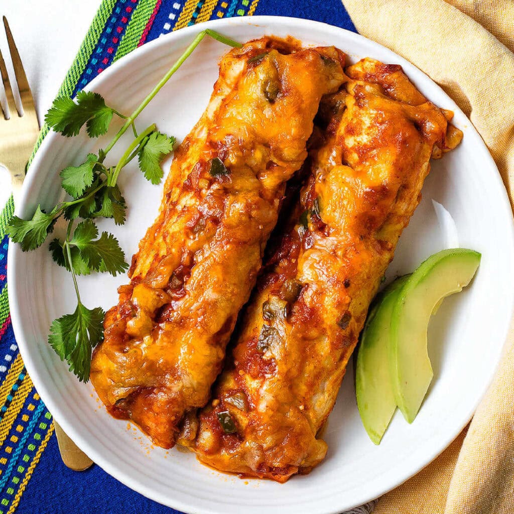 Chicken Black Bean enchiladas on a plate with avocado slices and sprigs of cilantro.