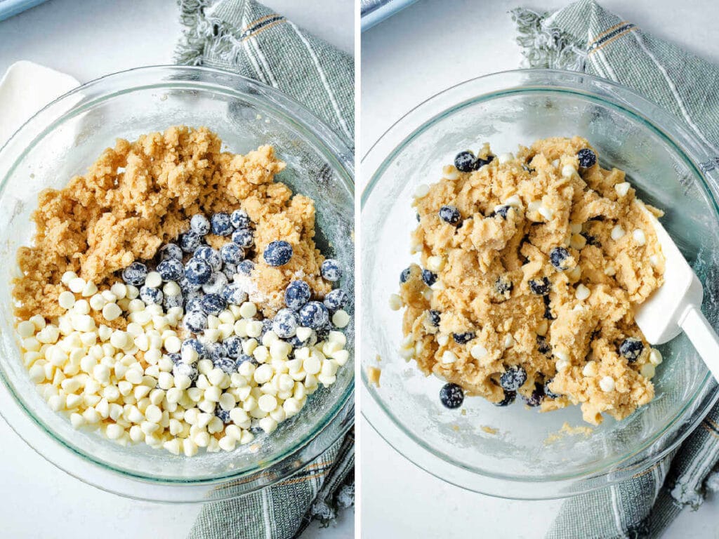 Side by side photos of folding blueberries and white chocolate ships into the dough.
