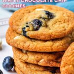 Blueberry Cookies with White Chocolate Chips stacked on a plate.