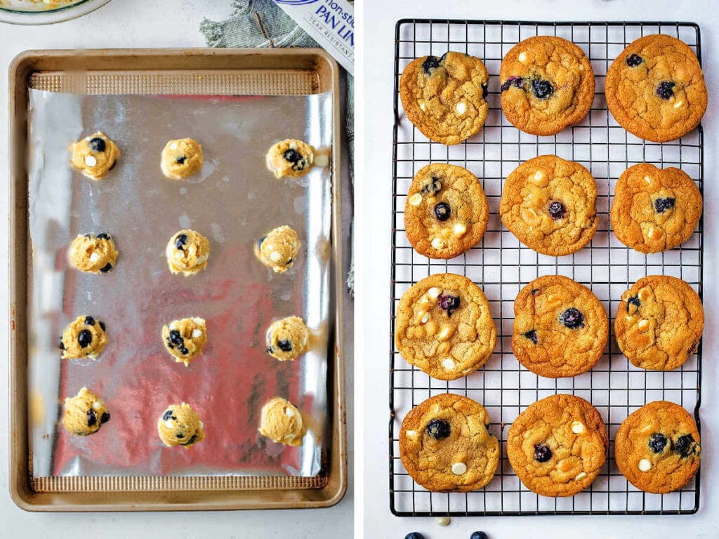 Side by side photos of cookie dough on a sheet pan and baked cookies.