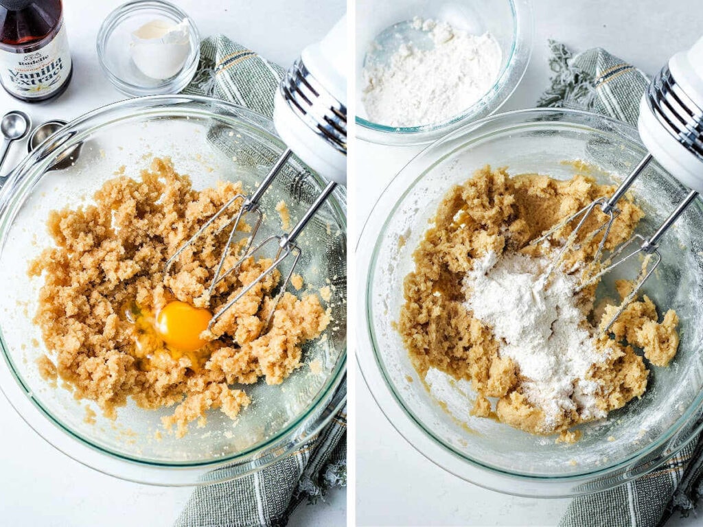 Using a hand mixer to make cookie dough in a bowl.