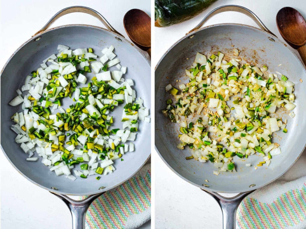 Side by side photos of sautéing onion, poblano pepper and garlic.