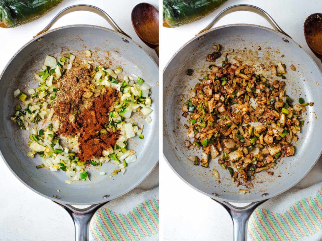 Side by side photos of adding spices into the vegetable mixture in a skillet.