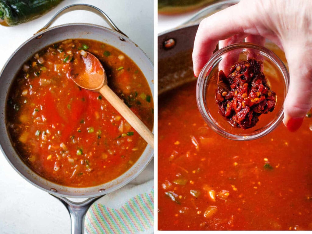 Side by side photos of adding diced chipotle pepper to the enchilada sauce.