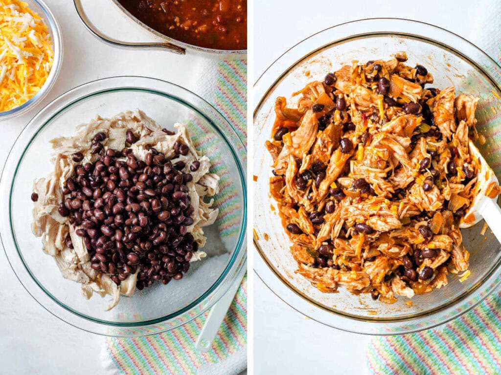 Side by side photos of making the chicken enchilada filling.