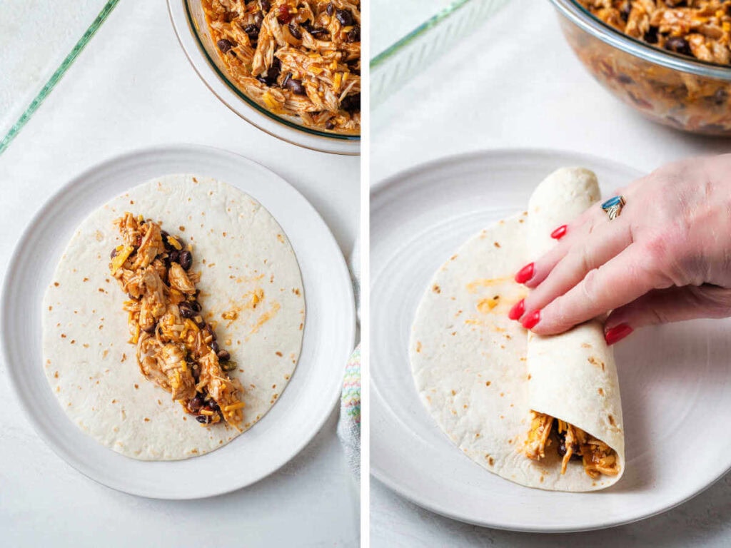 Rolling up chicken and black bean enchiladas.