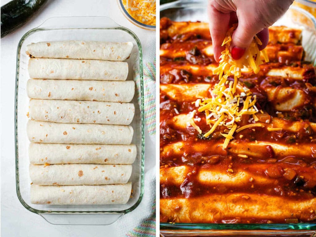 Adding assembled enchiladas to a baking dish and topped with sauce and cheese.