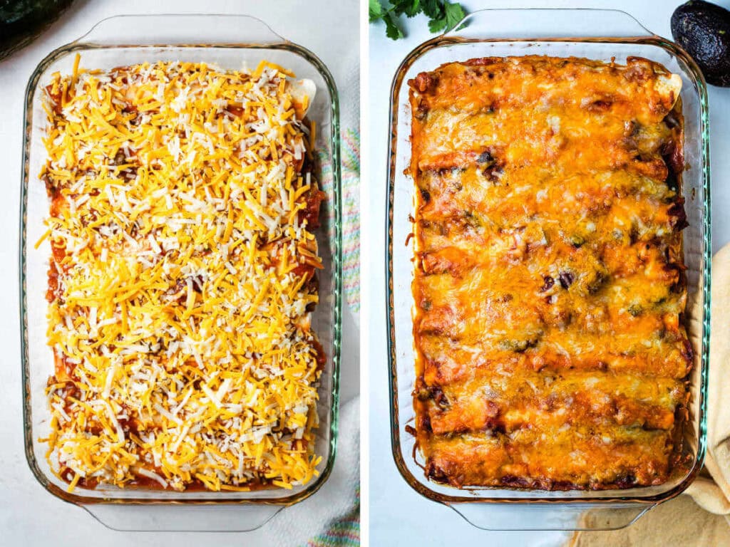 Side by side photos of before and after baking the enchiladas.
