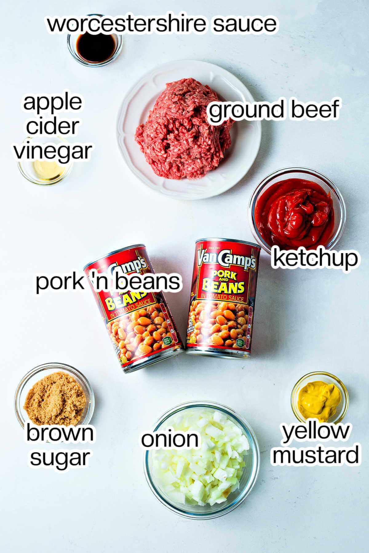 Ingredients needed to make cowboy beans.