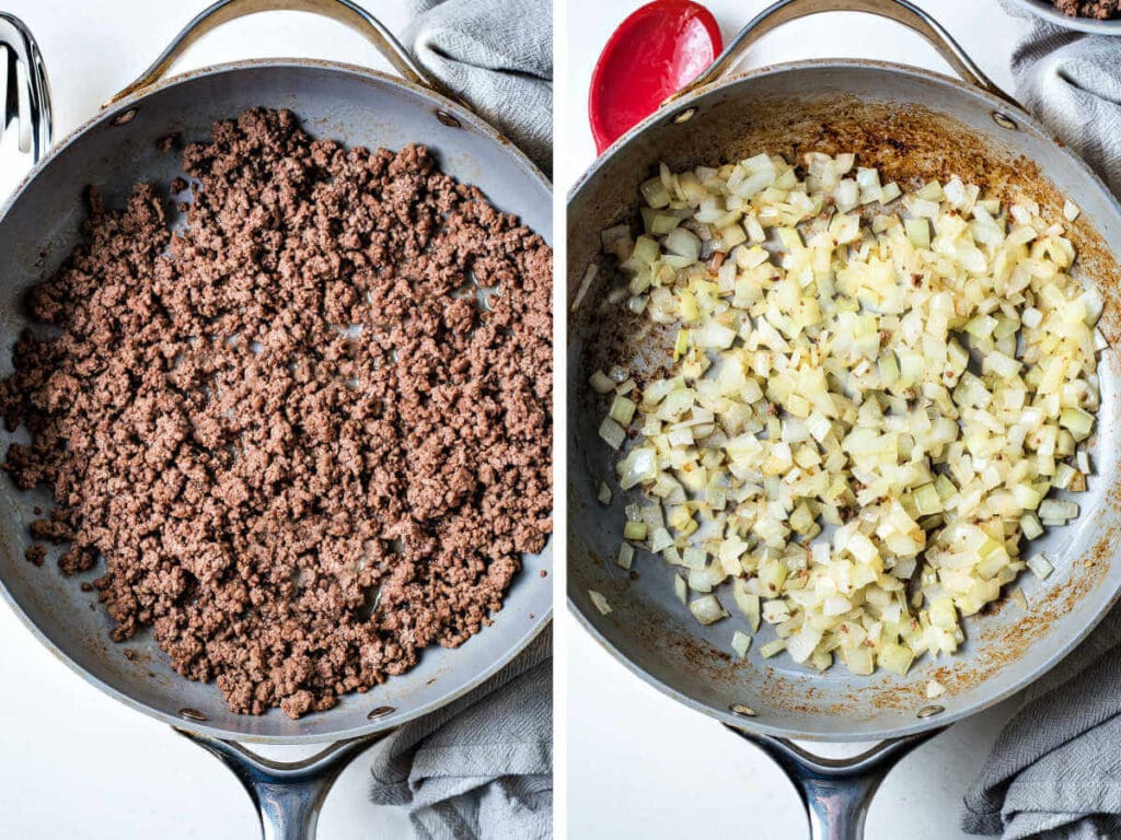 Side by side photos of browning the ground beef and sautéing the onions.