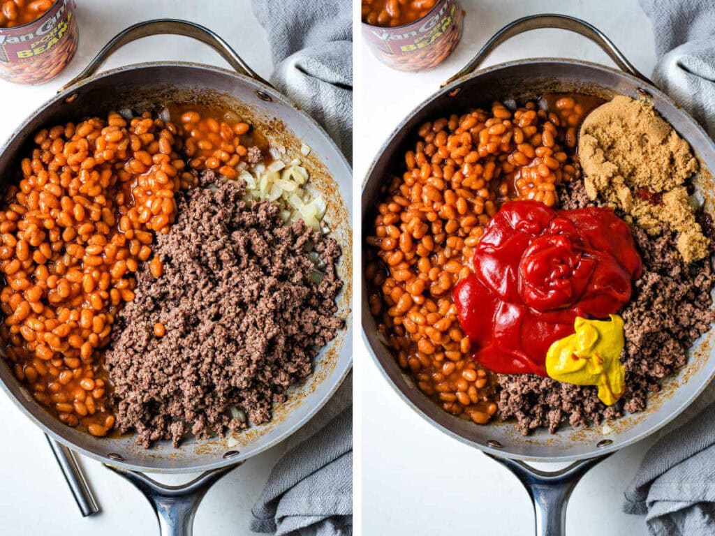 Adding ingredients needed for cowboy beans into the skillet.