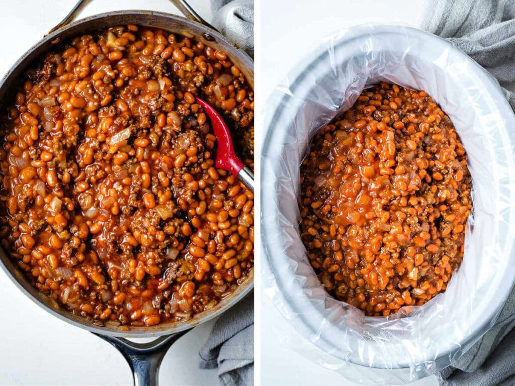 Transferring the cowboy beans into a plastic lined crock pot.