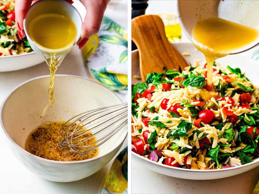 Making the lemon vinaigrette and adding it to the salad.