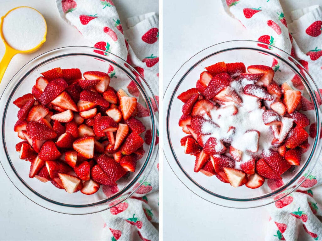 Side by side photos of macerating strawberries in a mixing bowl.