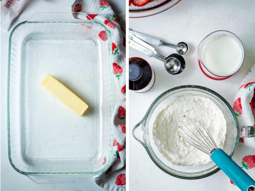 Side by side photos of butter in a baking dish and flour in a mixing bowl.