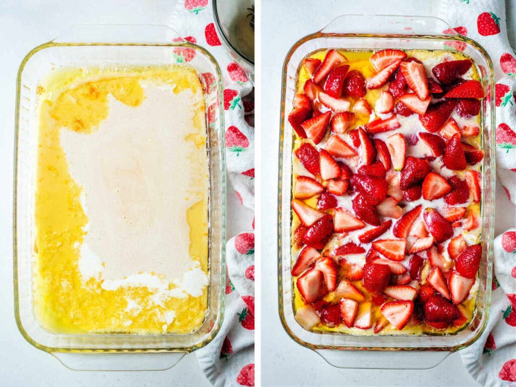 Side by side photos of assembling the strawberry cobbler before baking.