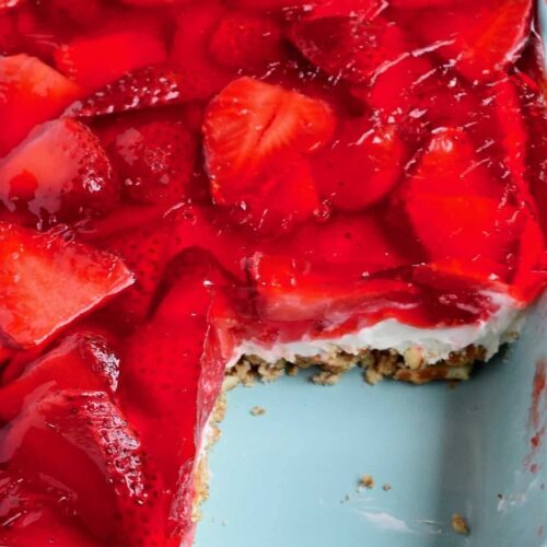 strawberry pretzel salad in a baking dish.