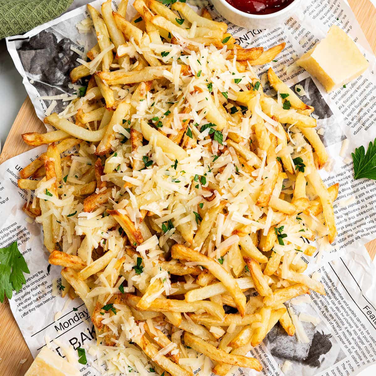 Truffle Fries with parmesan cheese and parsley on a newspaper lined board.
