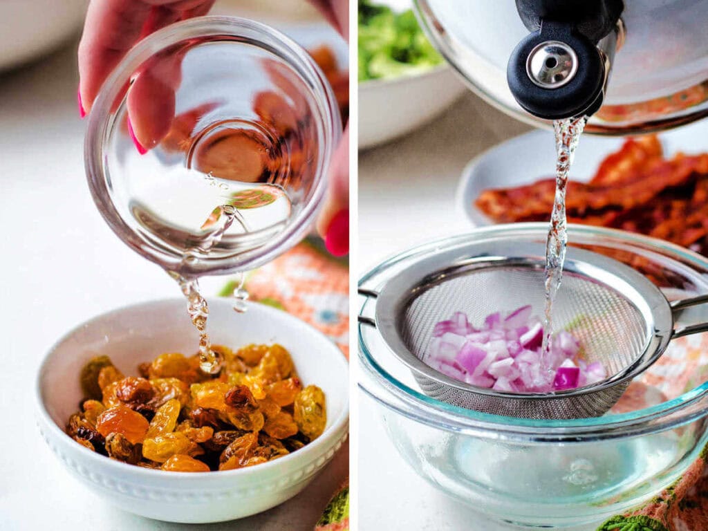 Pouring rice wine vinegar over golden raisins; and pouring hot water over diced red onions through a fine-mesh strainer.
