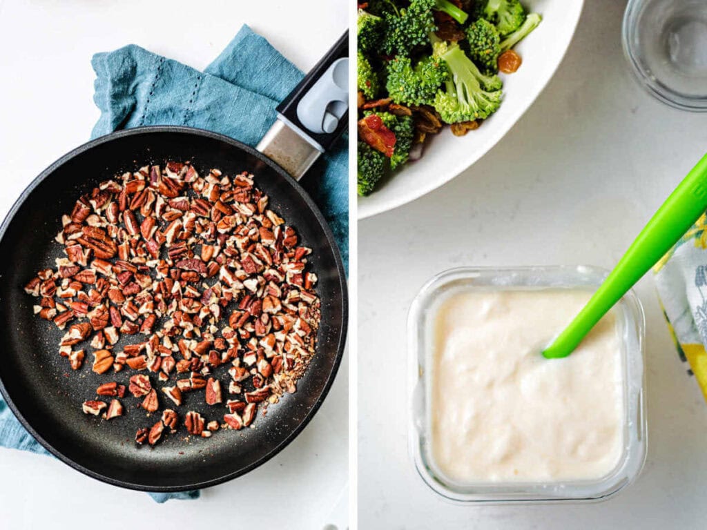 Toasted pecans in a skillet; dressing in a bowl with a rubber spatula.