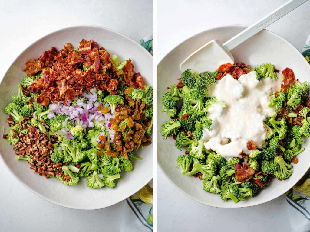 Ingredients for broccoli salad in a bowl with dresssing poured over top.